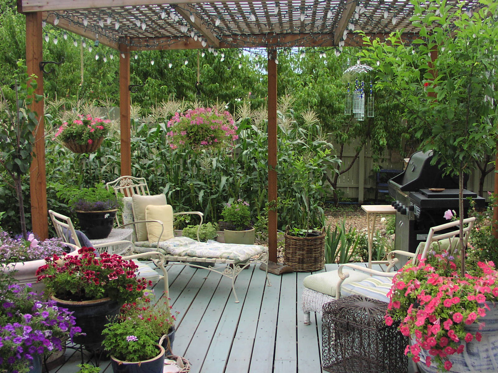 Deck in Backyard With Raised Vegetable Bed Beyond