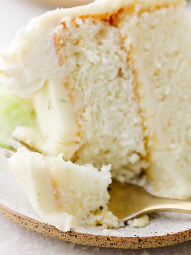Closeup of a bite of key lime cake.
