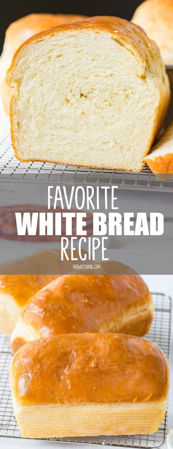 A loaf of homemade white bread with three slices that have been cut. The bread is golden brown on top. It is on a wire cooling rack.