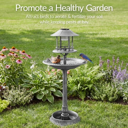 Best Choice Products Solar Outdoor Bird Bath Pedestal Fountain Garden Decoration W/ Fillable Planter Base - Stone