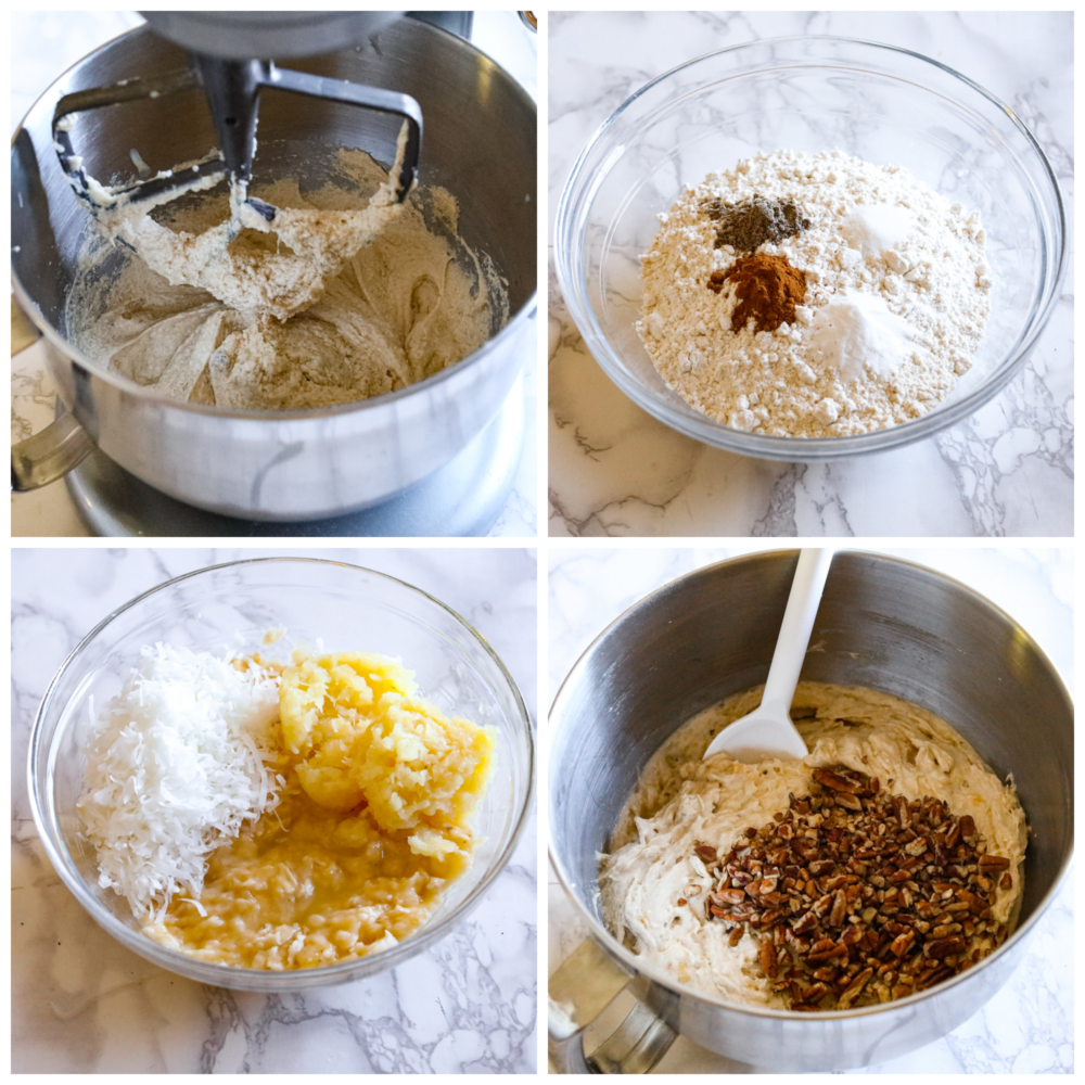 4-photo collage of cupcake batter being prepared.