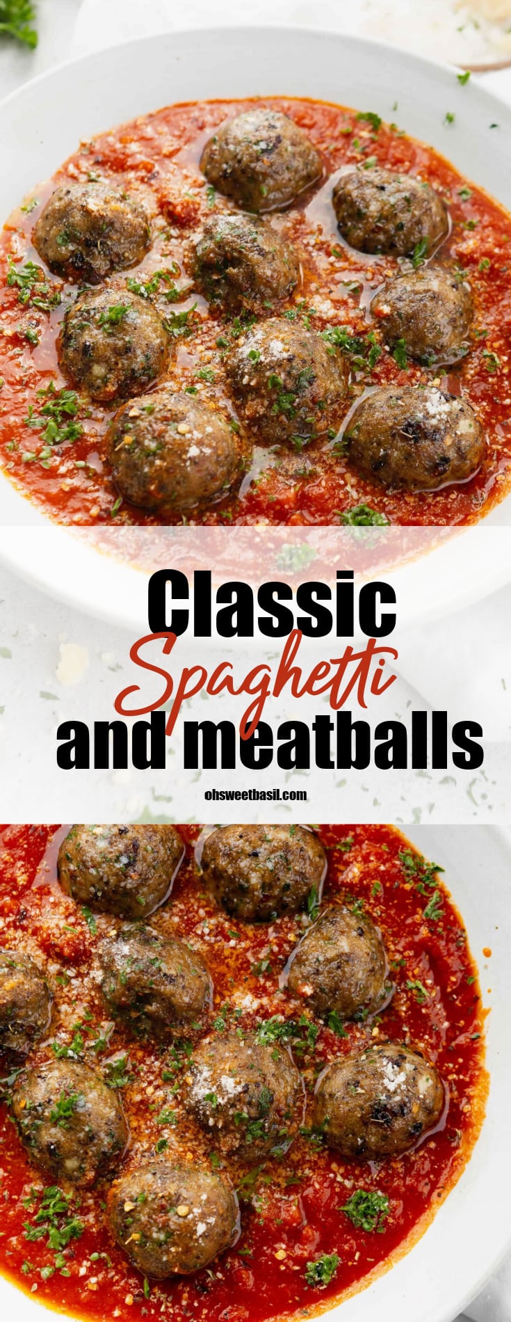 A bowl of meatballs in a tomato based sauce. The dish is sprinkled with chopped parsley.