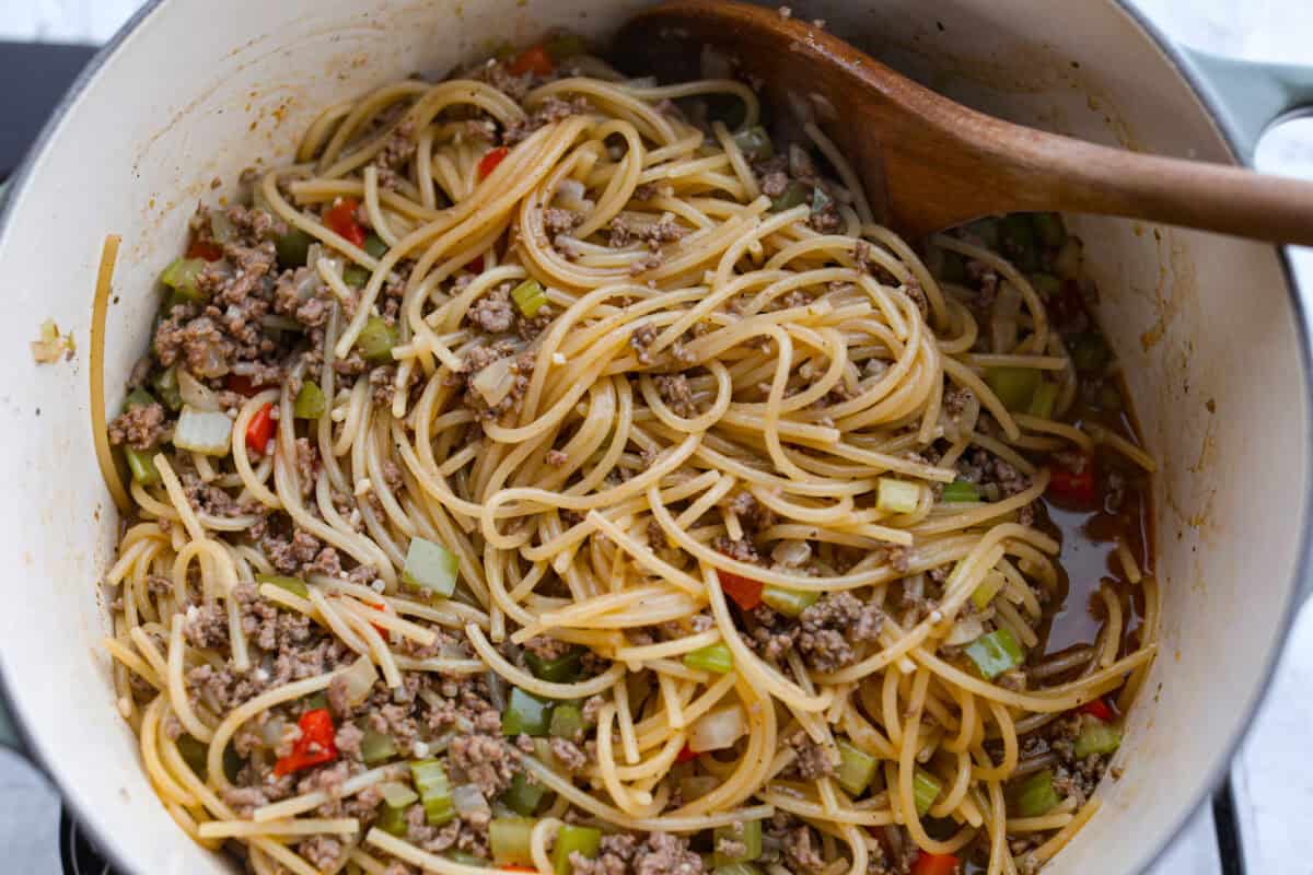 Everything in the dirty spaghetti being stirred together. 
