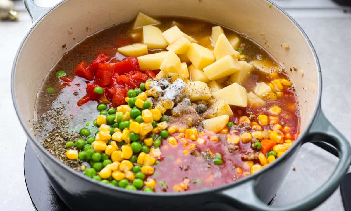 All of the soup ingredients added to the pot.