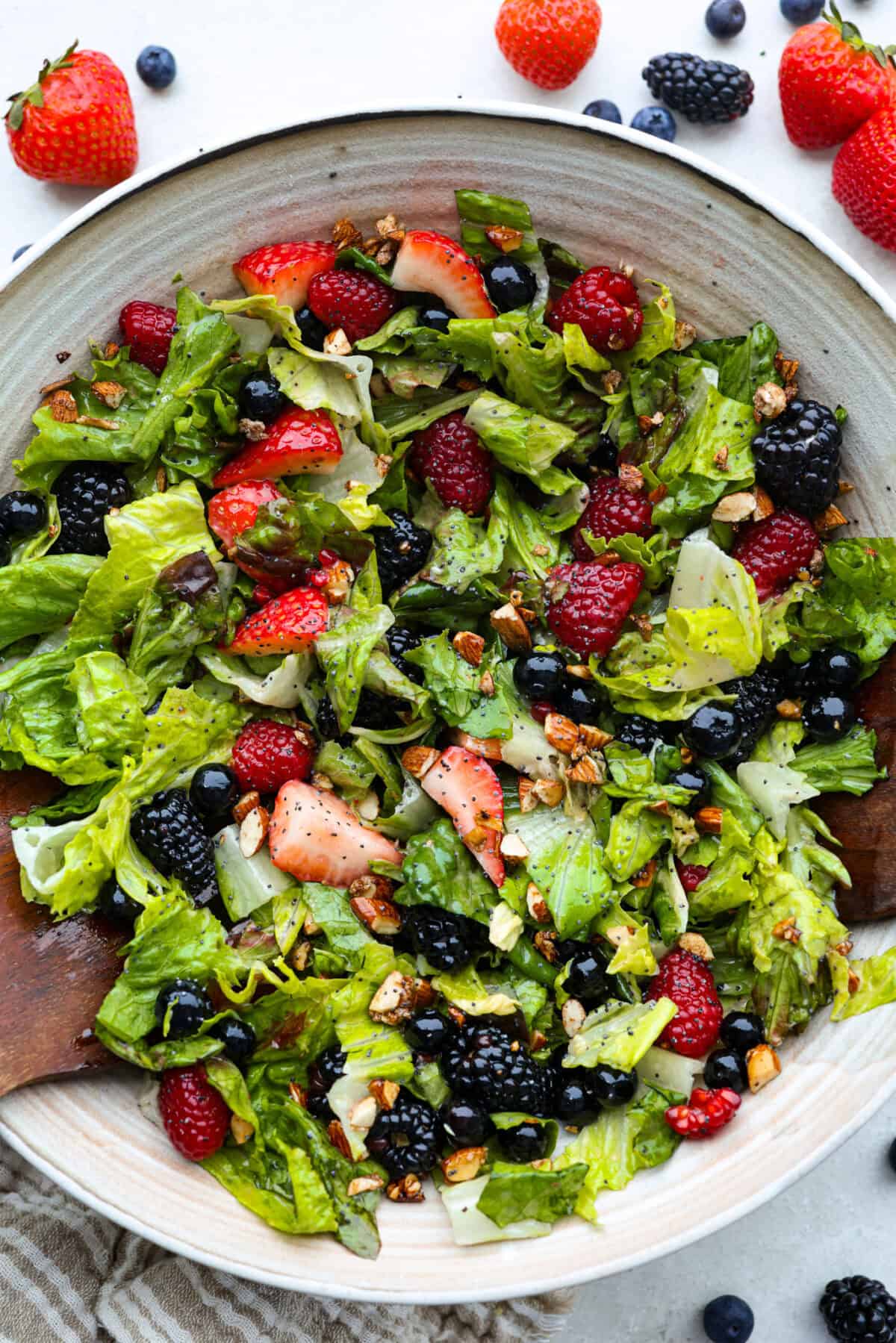 Large serving bowl of my copycat Zupa's nuts about berries salad. 