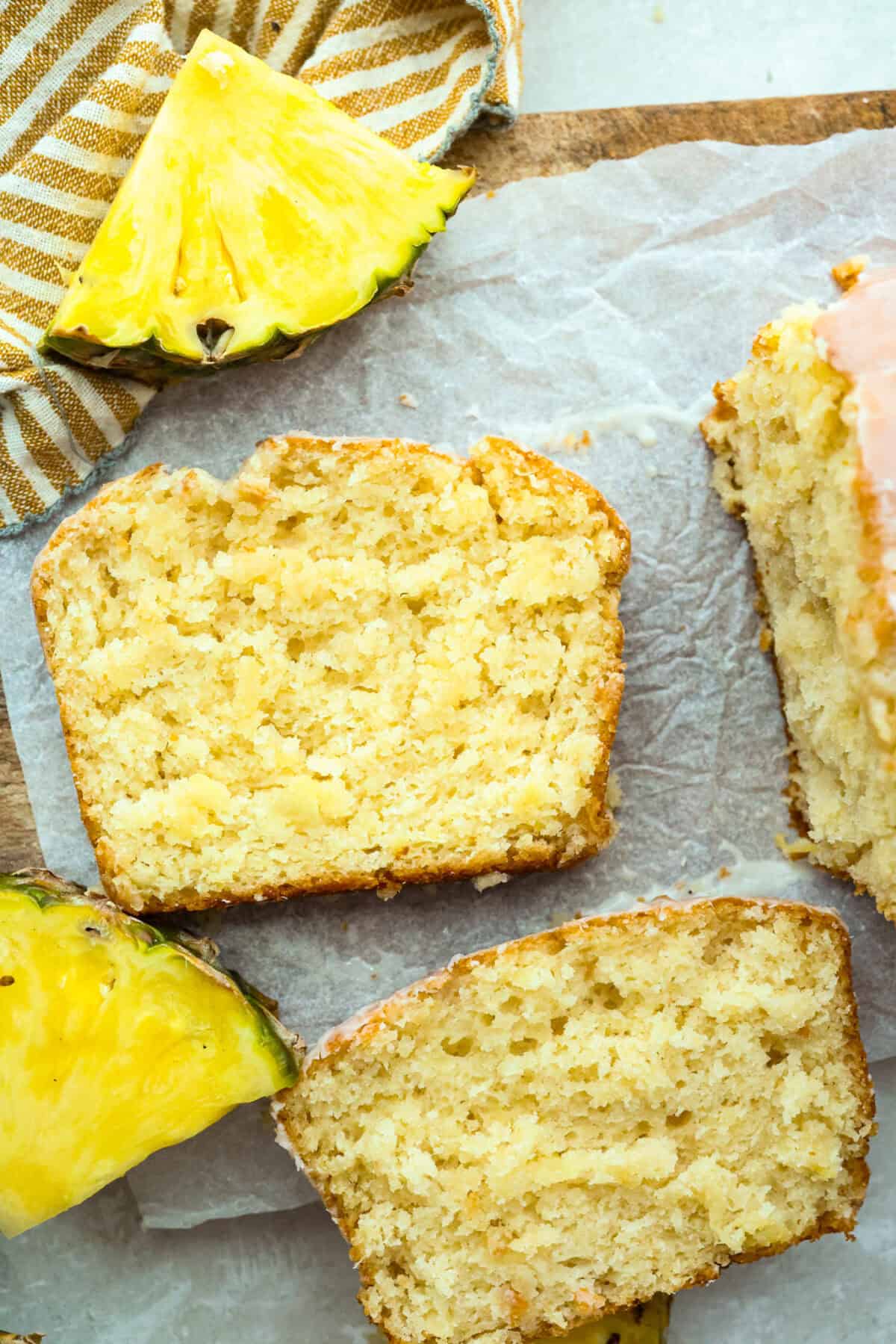 Top down shot of glazed pineapple bread slices. 