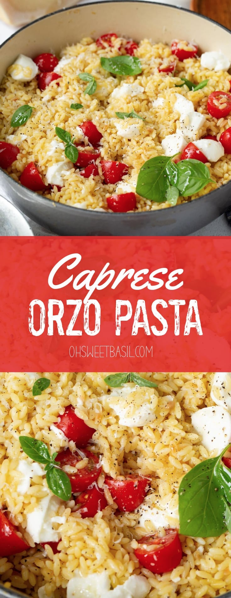 A serving bowl of orzo caprese salad. It is loaded with tomatoes, fresh basil and mozzarella cheese. Parmesan cheese, salt, and tomatoes are next to the bowl of orzo.