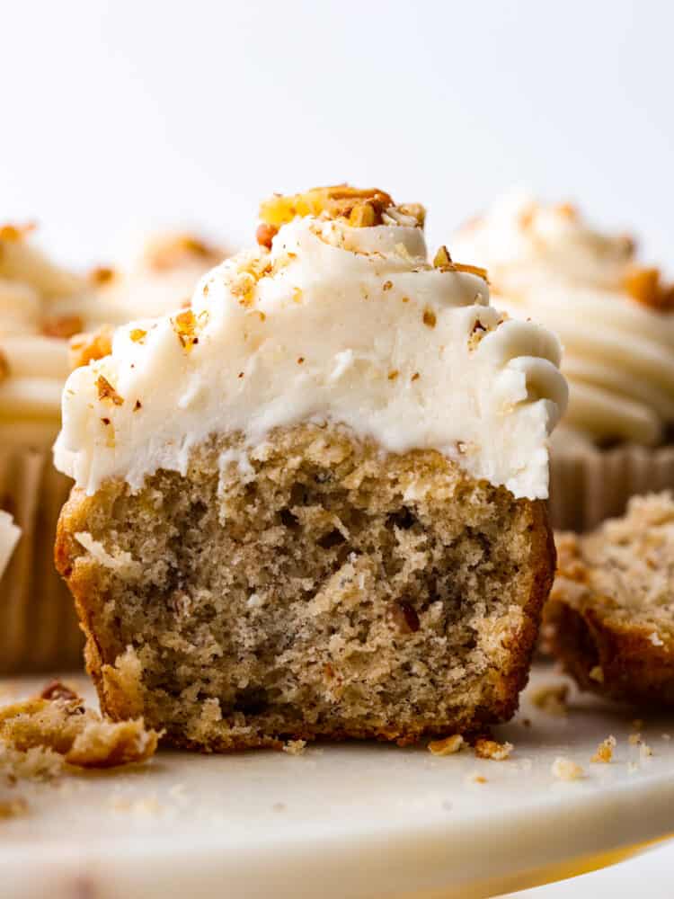 Closeup of a cupcake cut in half.