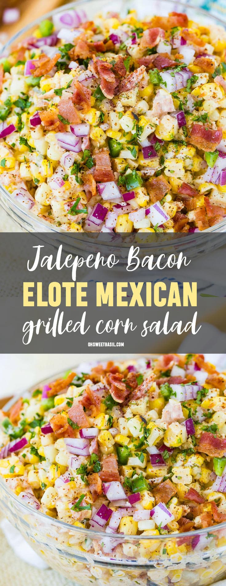 A bowl of Mexican corn salad topped with bacon and jalapeno.