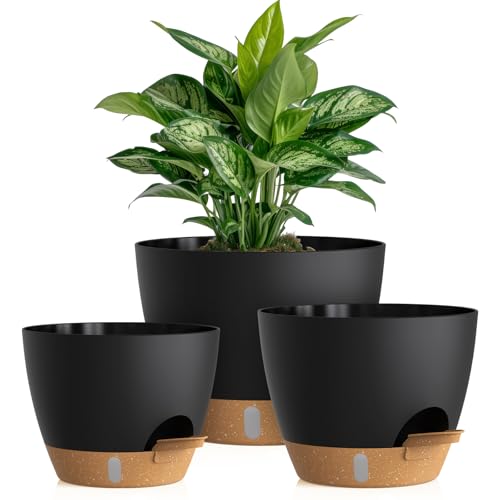 Kugaz Self Watering Pots With Drainage Holes, 3 Pack 12/10/8 Inch Plant Pots With Water Level Indicator Deep Reservoir, Large Plastic Planter for Indoor Outdoor Plants - Black Brown
