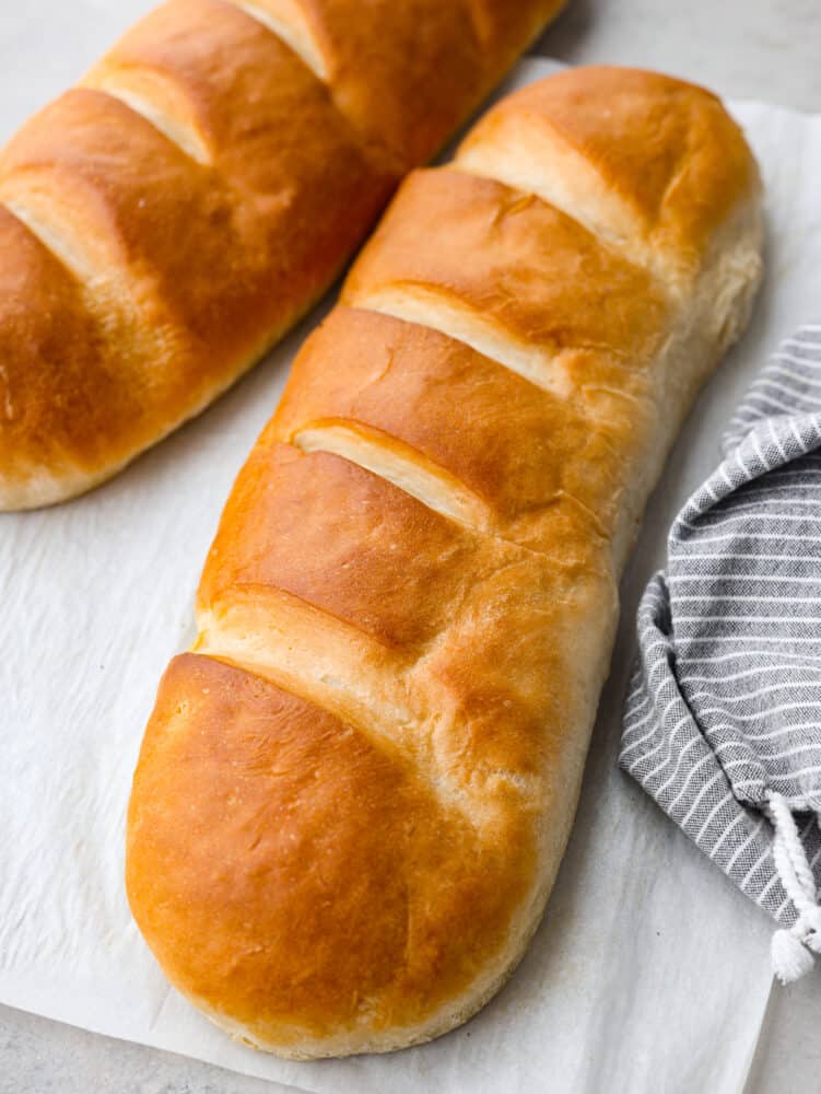 Closeup of a loaf of French bread.