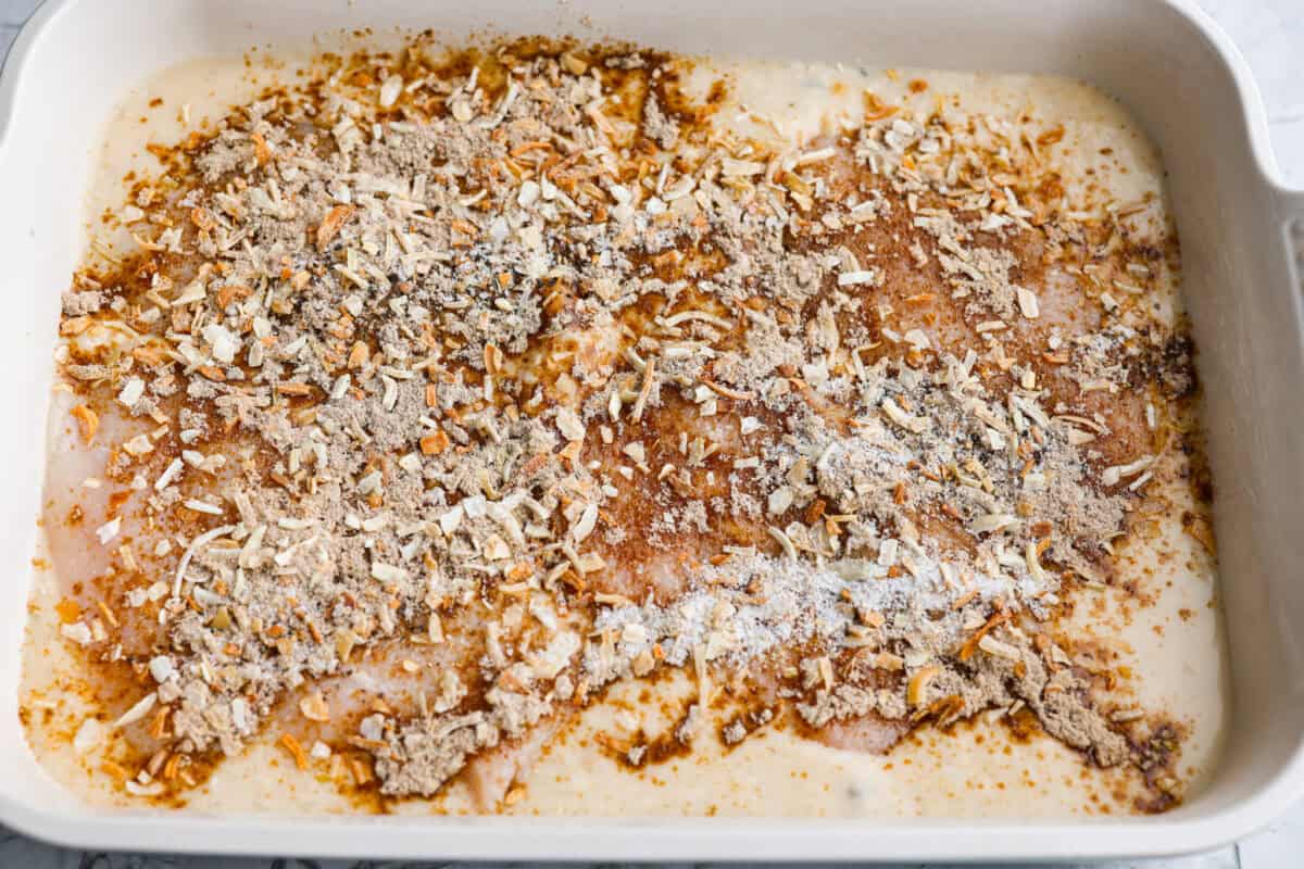 Onion soup mix spinkled over the top of the chicken 