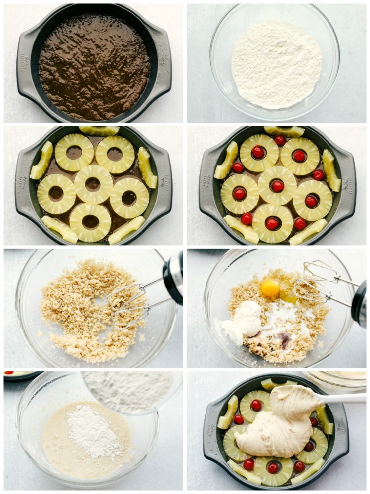 Steps to make pineapple upside down cake.