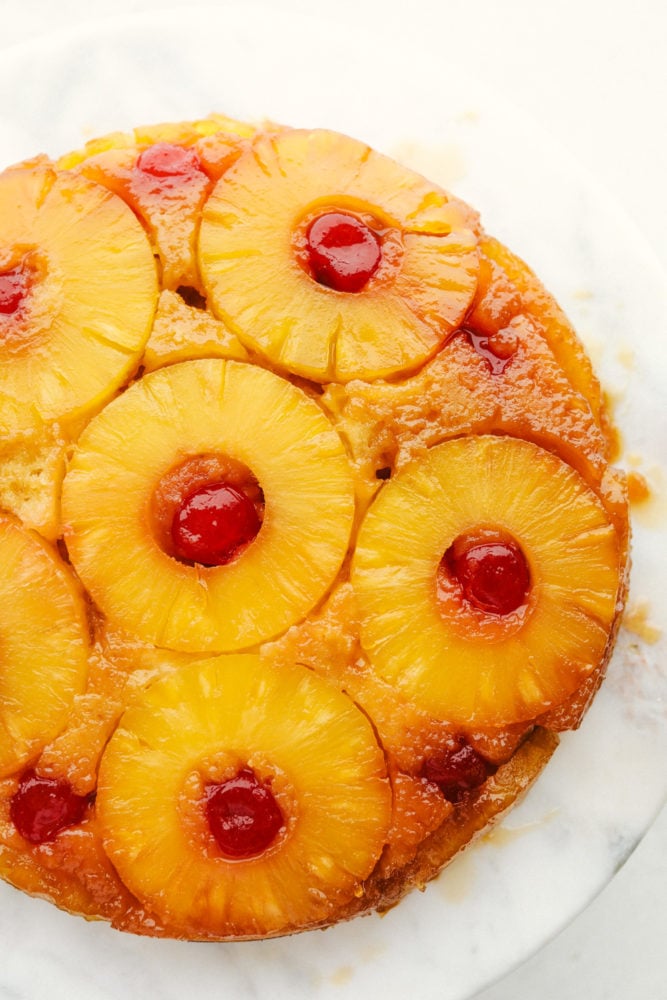 Areal view of finished pineapple upside down cake.