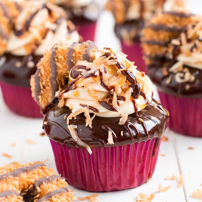 Girl scout cookie meets cupcake in these rich chocolaty, caramel, and toasted coconut Samoa Cupcakes!