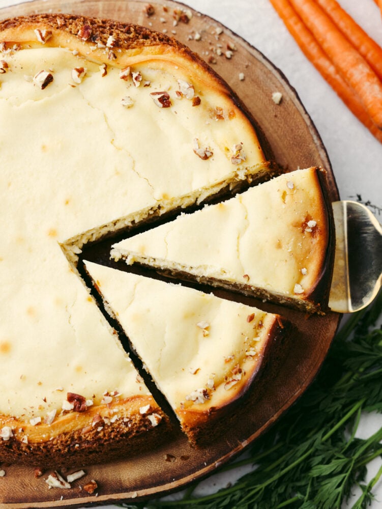 Top-down view of 2 cut pieces of cheesecake.