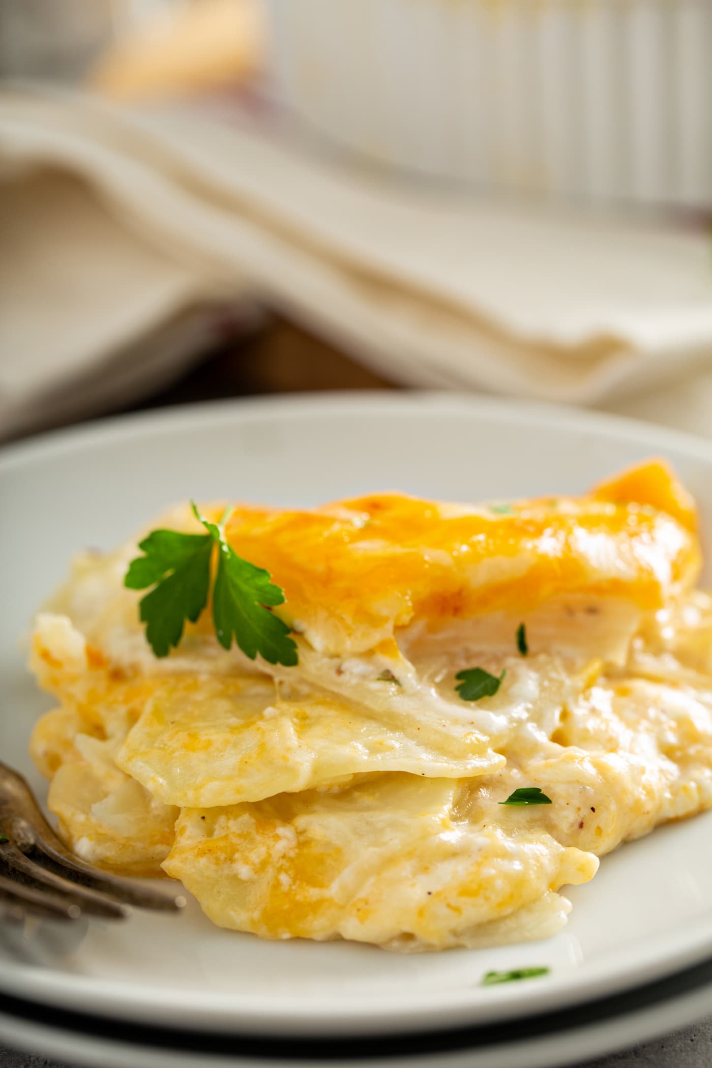 A plate of instant pot cheesy potatoes. The cheese is melted and the potatoes are creamy. It is topped with a parsley leaf.