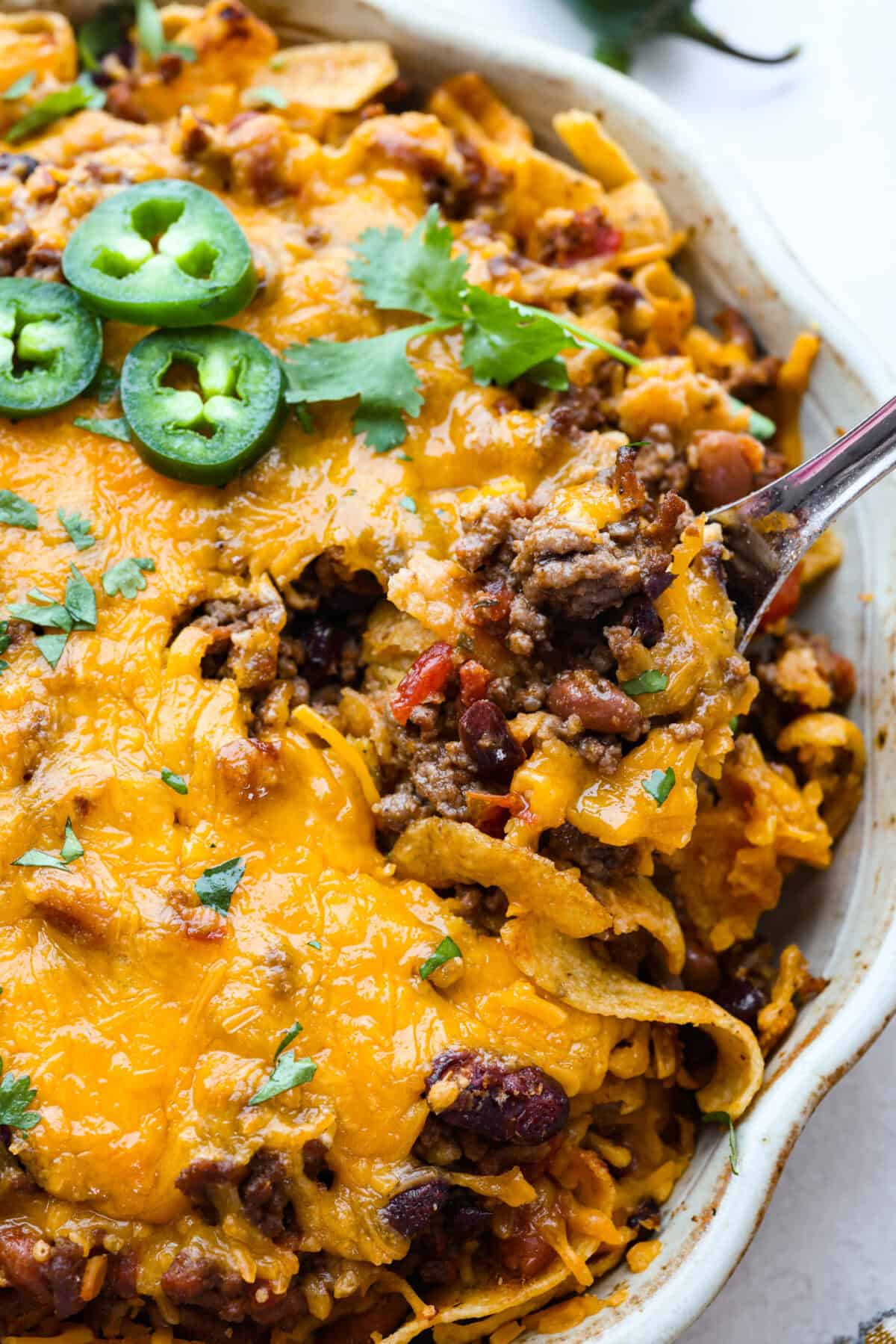 Close up shot of Frito chili pie. 