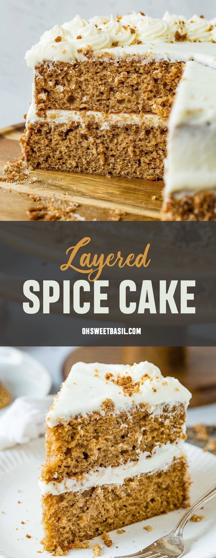 A two layer cake with whipped cream between layers and on top. A slice has been cut out of the cake.