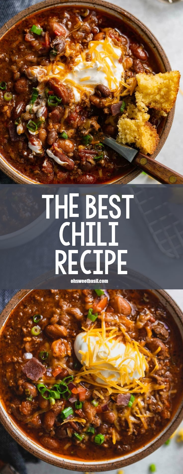 A bowl of chili. The chili has ground beef, beans and a rich sauce. It is topped with sour cream and shredded cheese and a piece of cornbread is on the edge of the bowl.