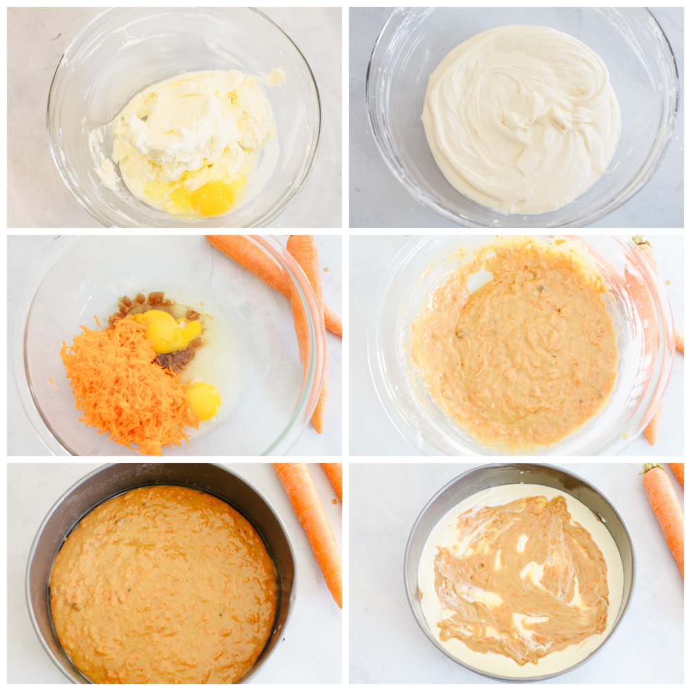 Process shots of preparing batter and layering.