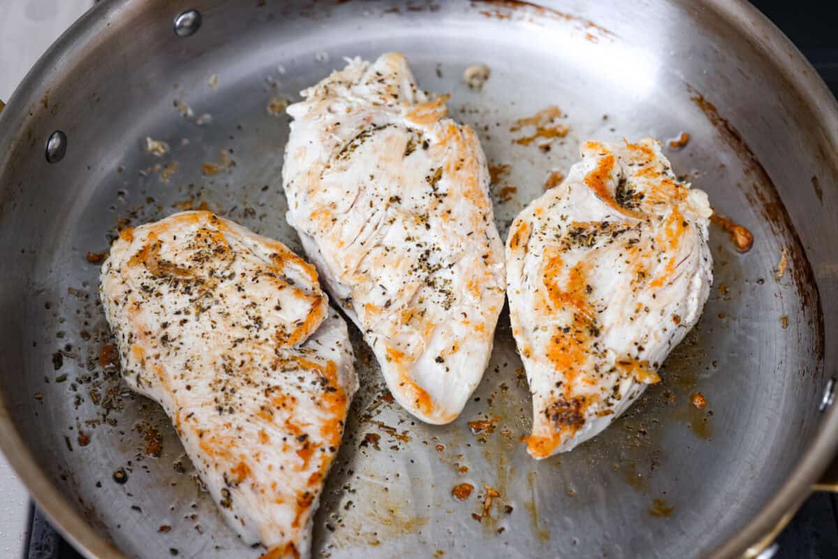 Chicken cooking in a skillet. 