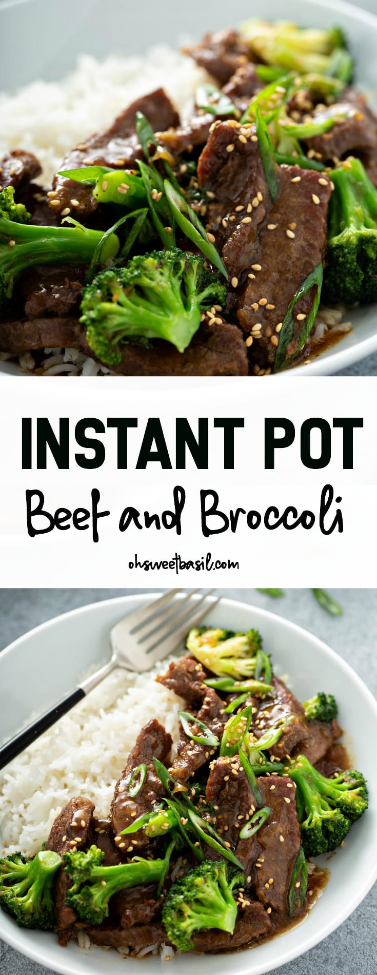 A photo of beef and broccoli on a white plate next to a serving of white rice and garnished with sliced green onions and toasted sesame seeds