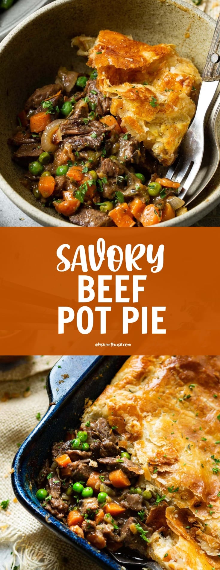 A photo of a blue ceramic rectangular baking dish full of a beef pot pie topped with golden puff pastry. a serving of the pot pie has been removed and the filling has filled in the missing piece and the serving spoon is sitting in the dish.