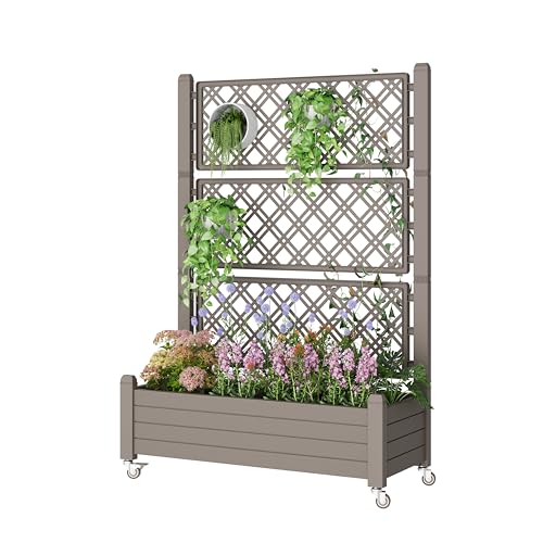 Wtfgo Resin Raised Garden Bed With Trellis and Wheels - Plasitc Planter Box With Trellis Outdoor With Drainage Holes & Water Monitor for Climbing Plants, Flower, Gray(61.2