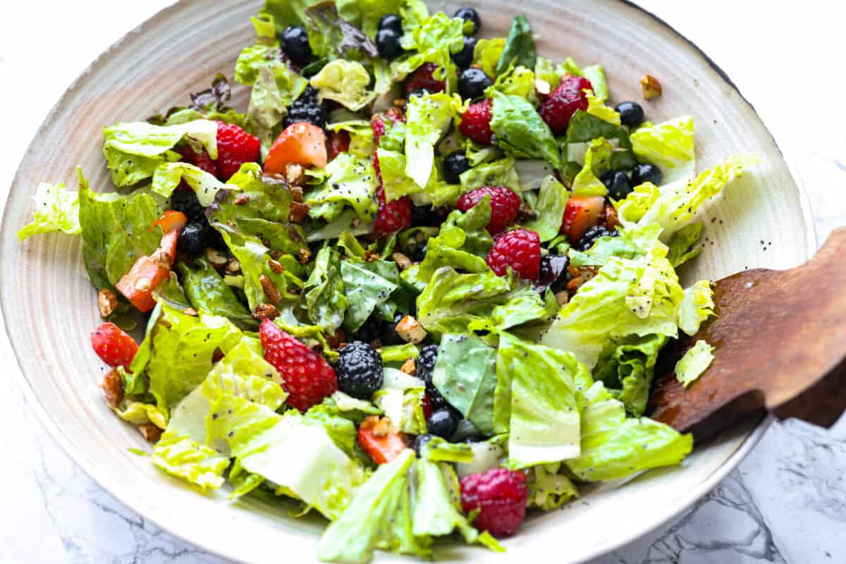 All of the salad ingredients mixed together with the dressing. 