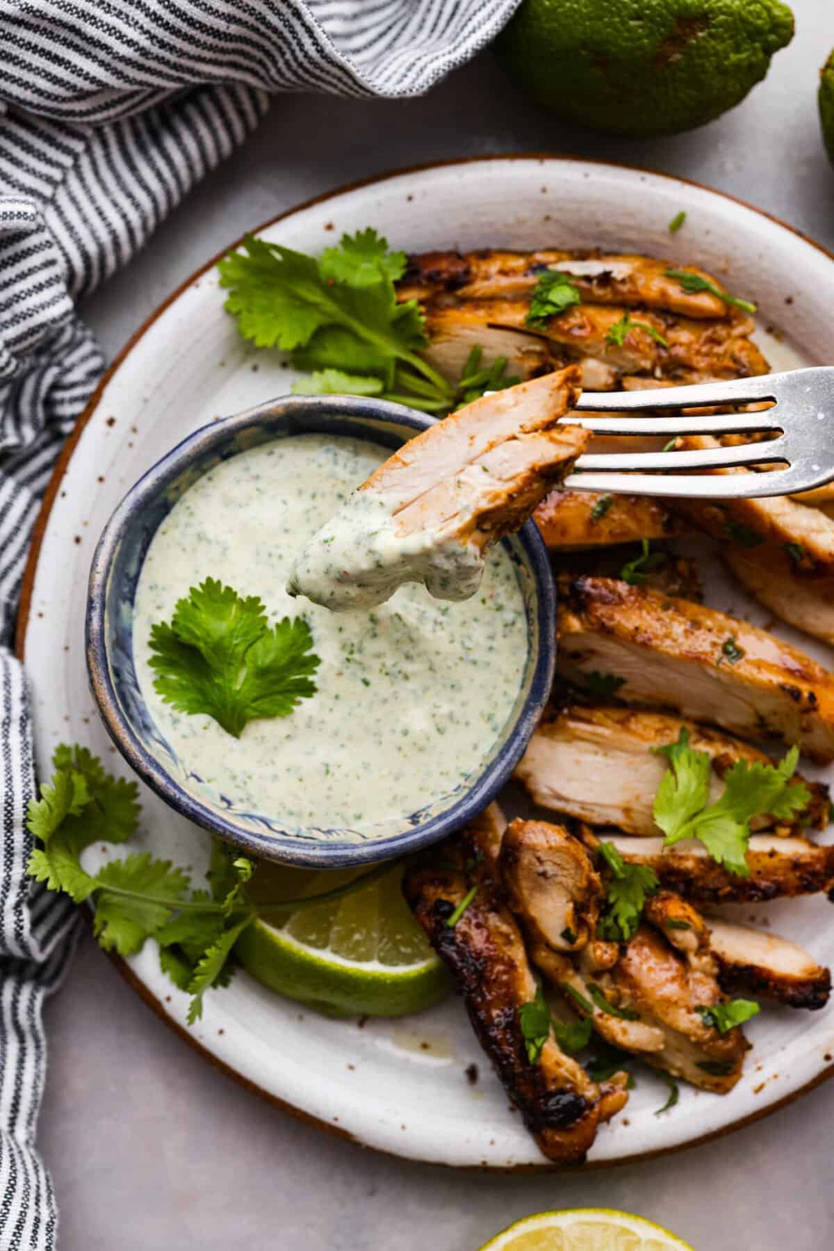 Cilantro sauce served with sliced chicken.