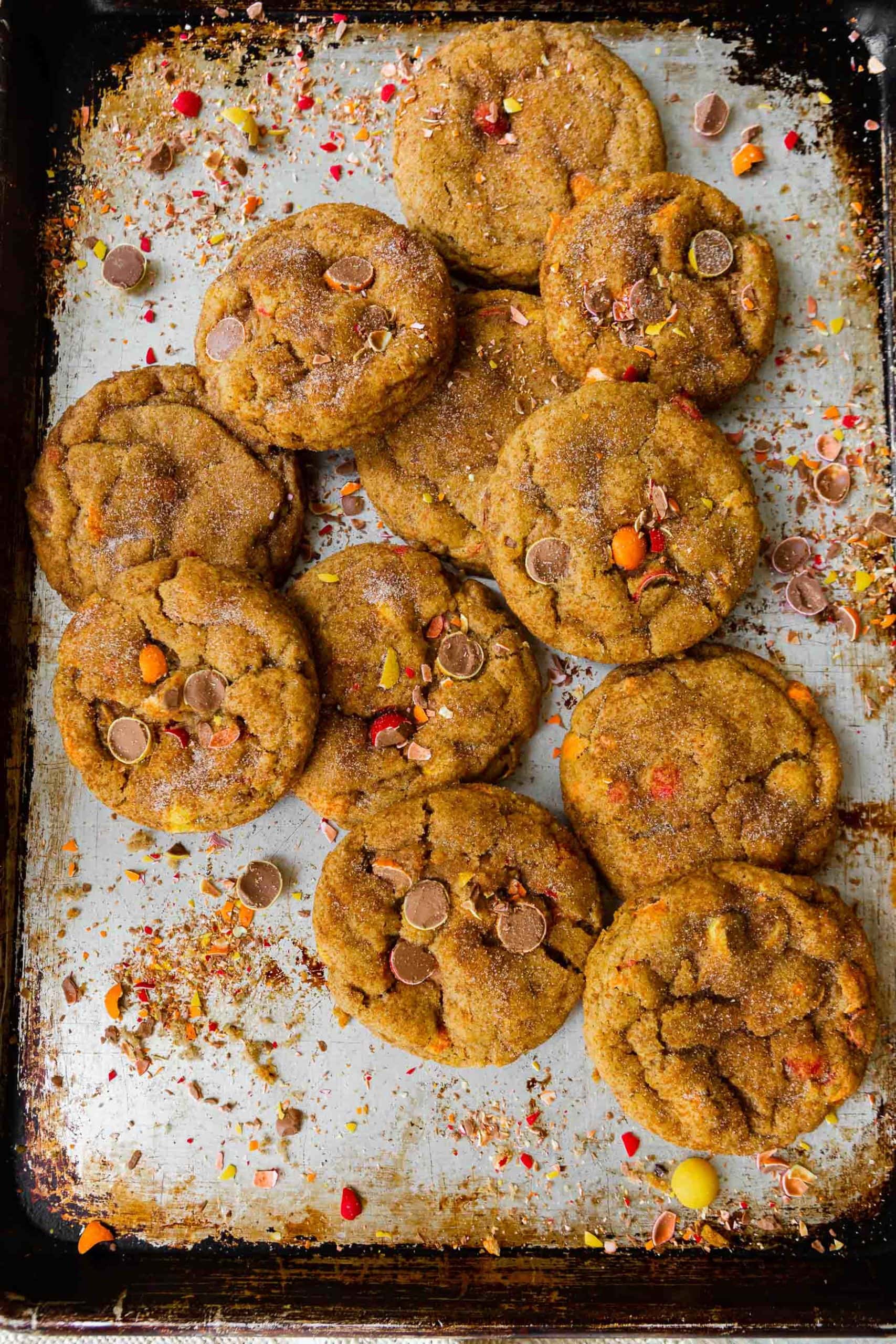 a photo of several chewy pumpkin cookies loaded with cadbury chocolate bits scatted on a metal cookie sheet.