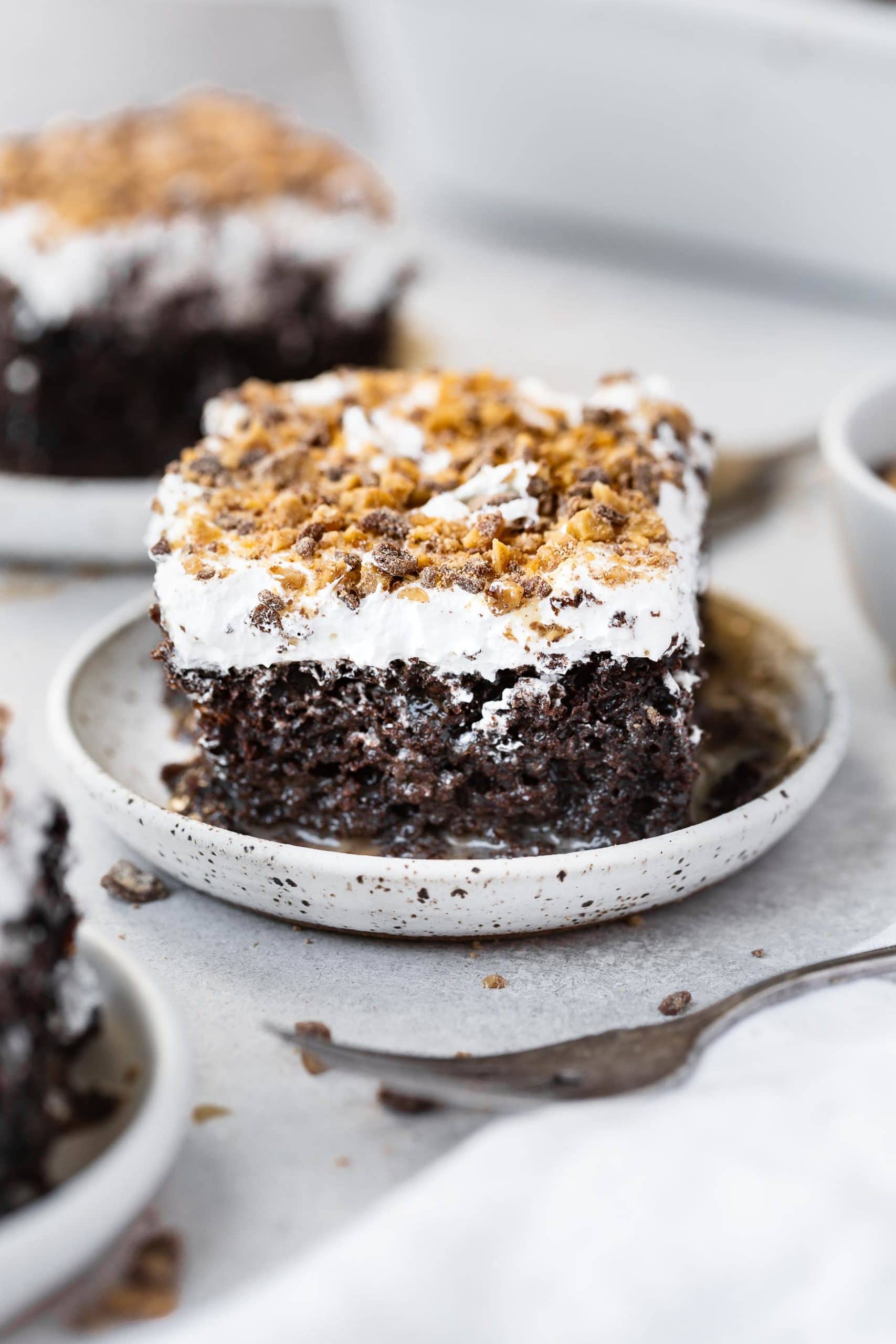 a photo of a single piece of chocolate cake sitting on a small saucer with a silver fork in the foreground. the cake is topped with whipped cream and toffee bits.
