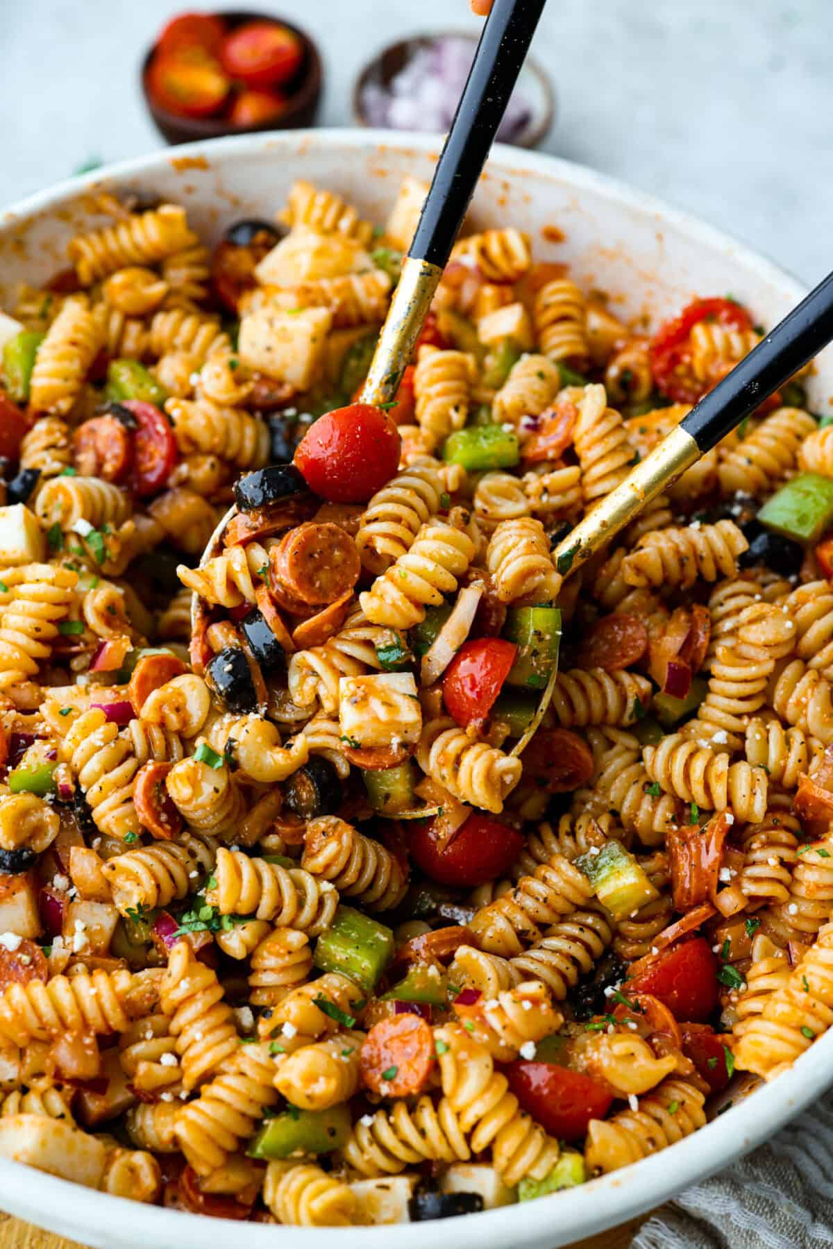 Close up shot of the pizza pasta salad. 