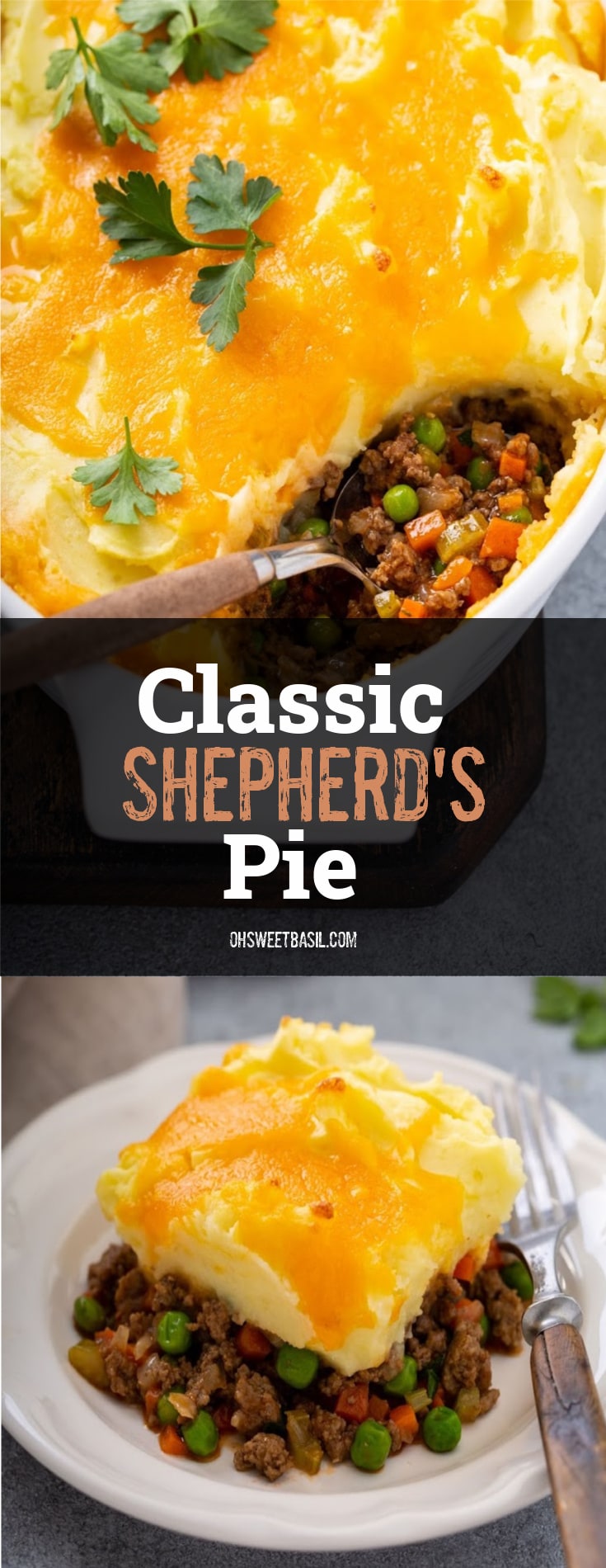 A casserole dish containing shepherd's pie with one spoonful removed and the serving spoon resting in the dish. You can see hamburger, carrots, and peas in the pie and it is topped with mashed potatoes, and melted cheddar cheese. There is a few parsley leaves on top.