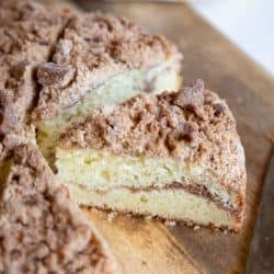 Coffee cake slices on a wooden board