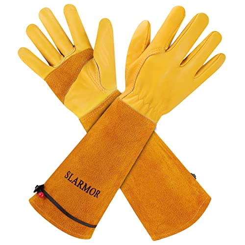Slarmor Leather Gardening Gloves for Women/men - Thorn Proof Cowhide Leather Rose/blackberry Pruning Heavy Duty Garden Gloves Thick Palm Gauntlet Garden Work Gloves With Forearm Protection