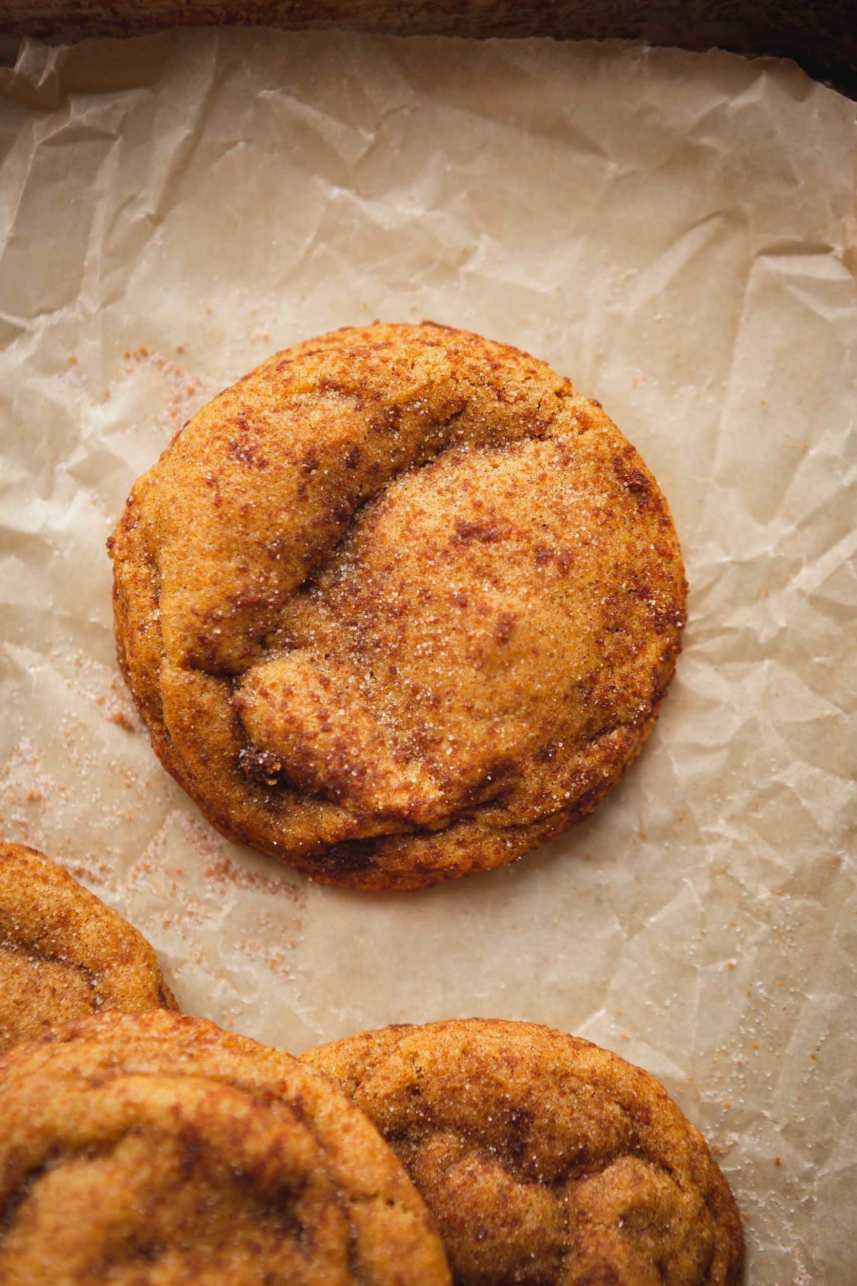 A chewy pumpkin cookie. It is baked to a golden brown and topped with brown sugar and cinnamon.