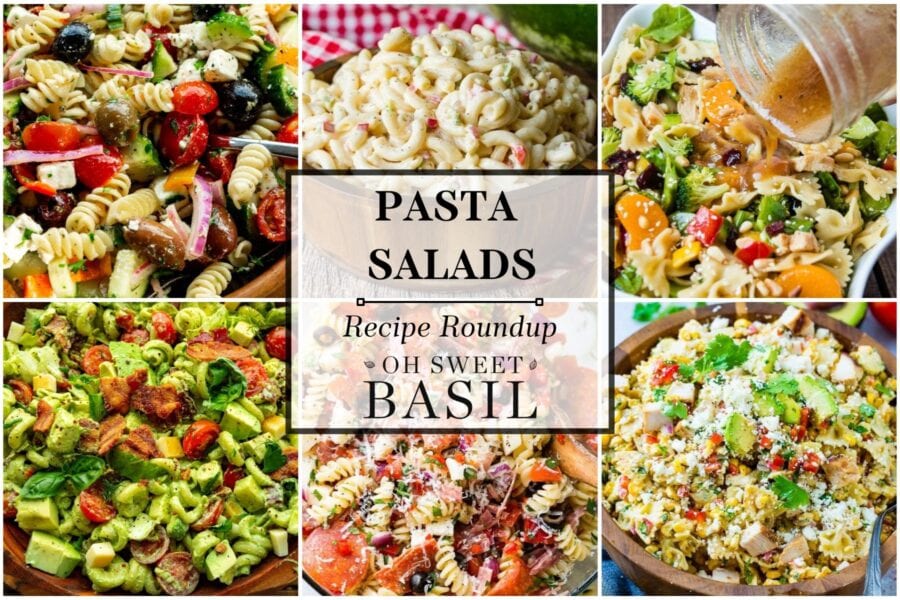 a collage of pasta salads
