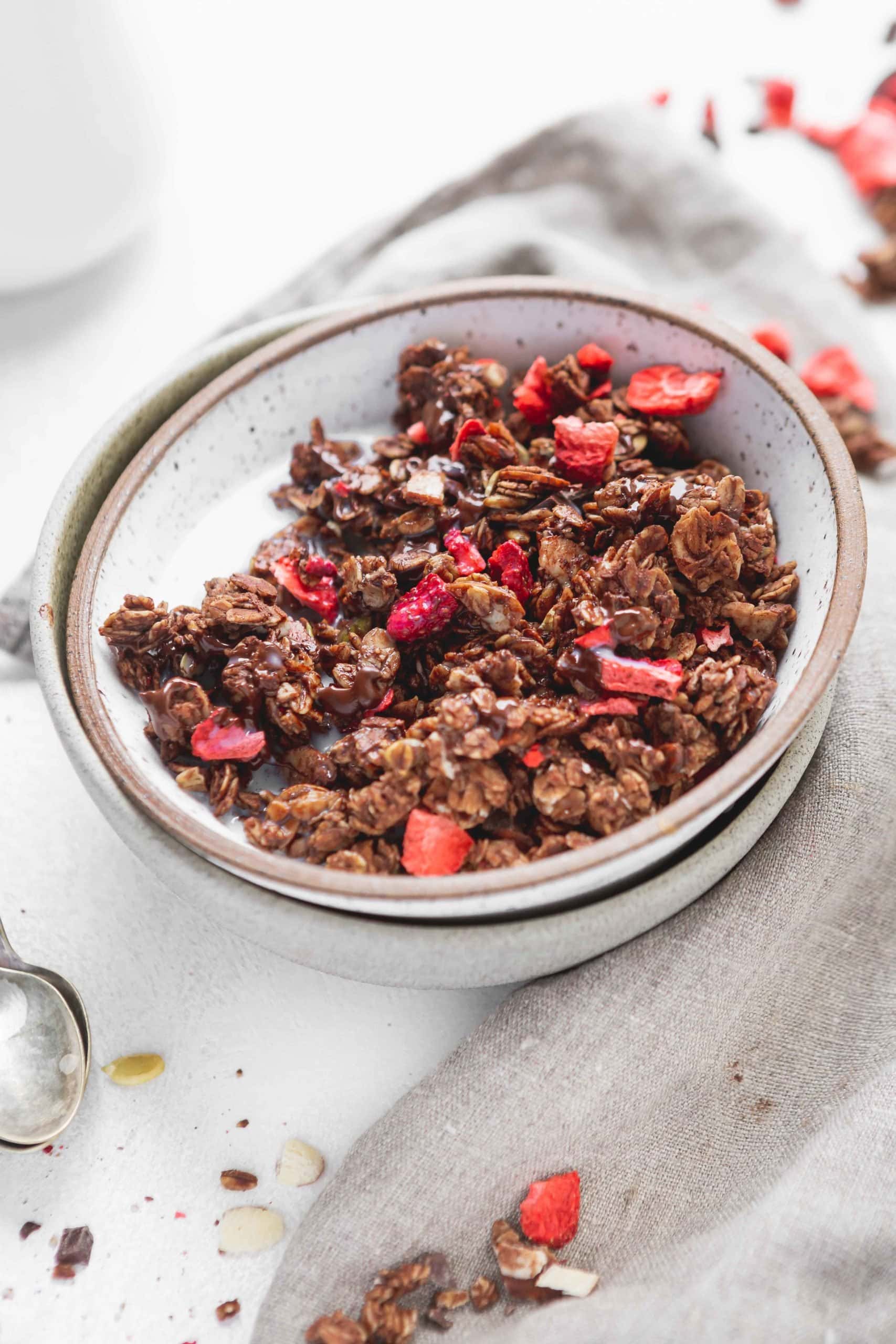 A bowl of chocolate lovers granola with chunks of chocolate and strawberries.