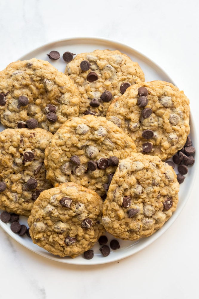 overhead image of oatmeal chocolate chip cookies on plate
