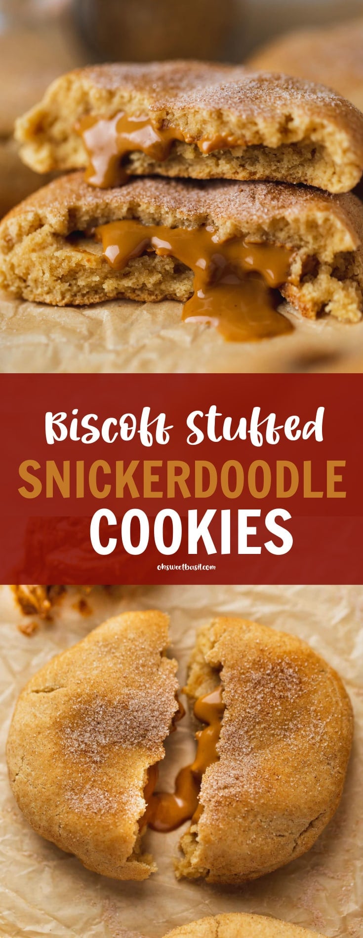 A biscoff stuffed snickerdoodle broken in half and the halves are stacked on top of each other. The biscoff center is oozing out onto the parchment paper.