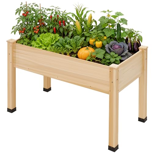 Amerlife Raised Garden Bed, 48x30x24 Inches Elevated Wood Planter Box With Bed Liner, Legs, Divider, Drainage Holes, Stand for Backyard, Patio, 330 Lb Capacity - Light Wood