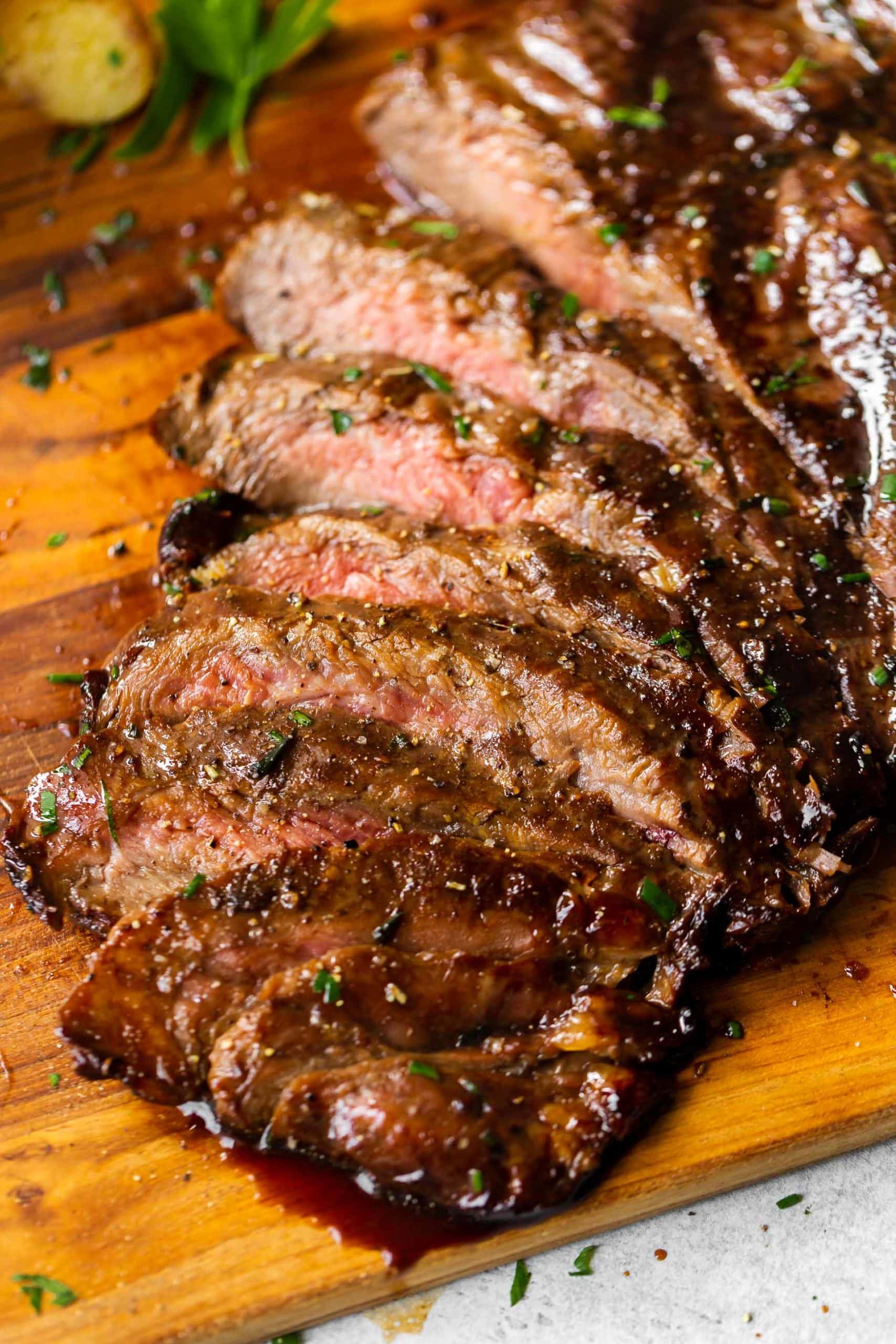 thinly sliced flank steak that marinated in a balsamic marinade all day