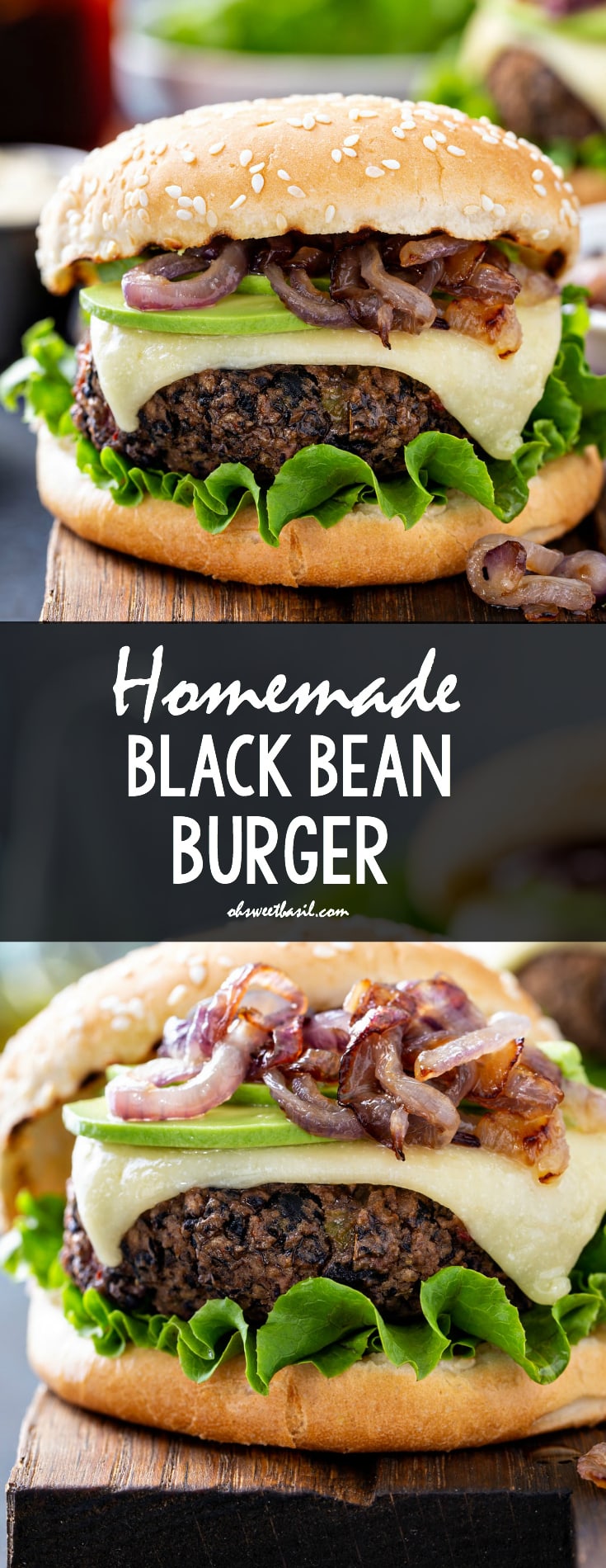 A black bean burger on a sesame seed bun. It is dressed with onions, cheese and lettuce.