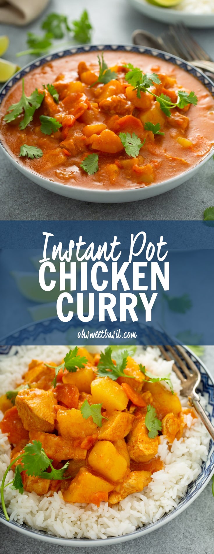 A bowl of white rice with chicken curry on top. there are chunks of chicken, carrots, and potatoes in a curry sauce. The curry is sprinkled with fresh parsley.