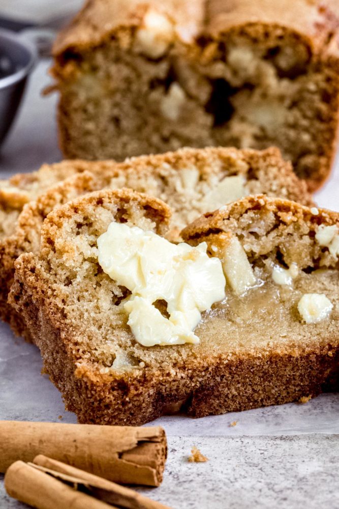 Butter covered slice of quick bread.