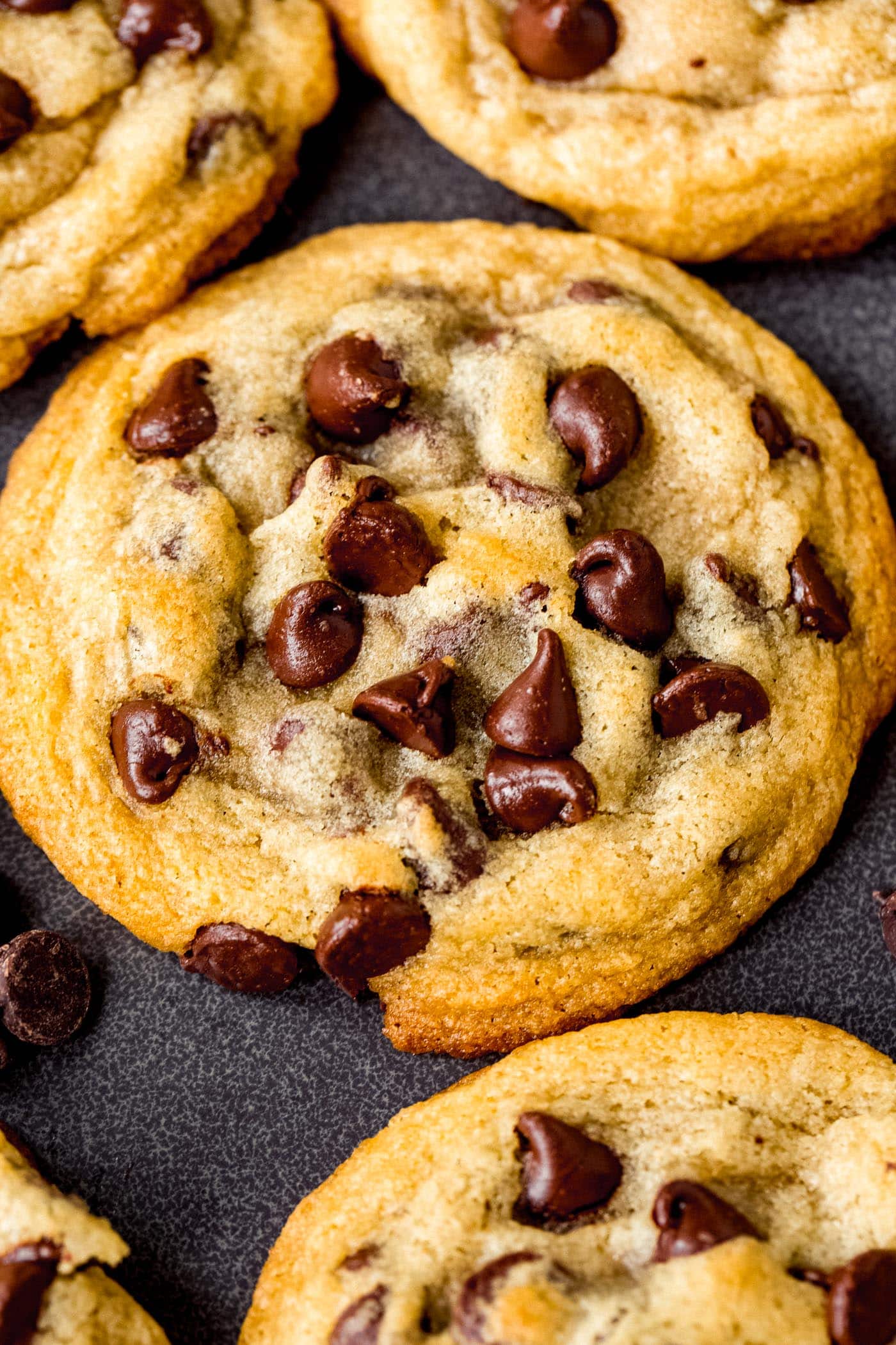 A close-up of a perfectly baked chocolate chip cookie on a cooling rack with other cookies. The cookie is packed with chocolate chips.