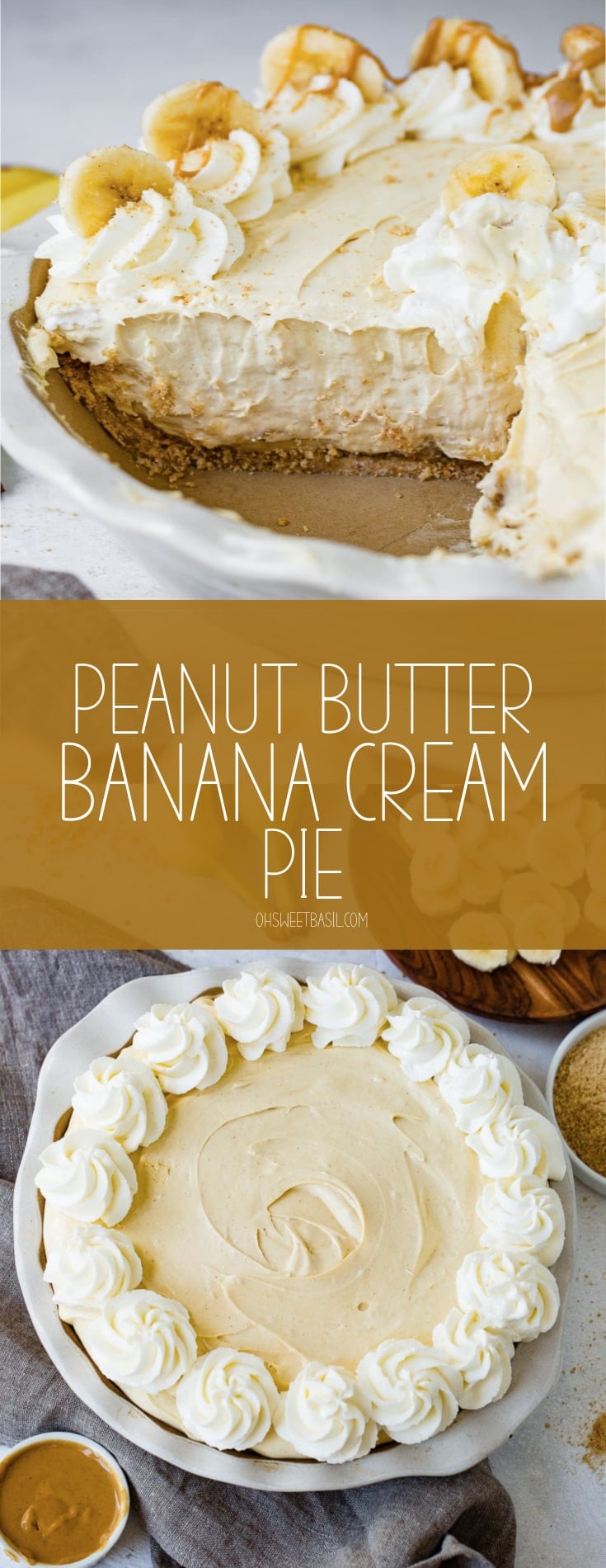 A peanut butter banana cream pie with a slice of pie removed. The pie is topped with whipped cream and sliced bananas around the edge.