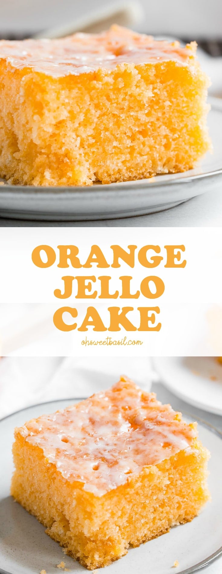 A photo of a piece of orange jello cake on a small white plate with orange glaze on the top.
